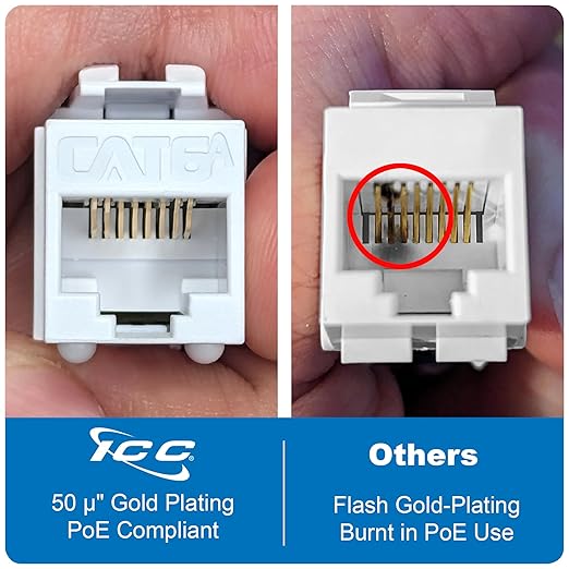 ICC CAT6A Keystone Jack with Slim Profile 180 Degree Punch Down, 10Gbps RJ45 UL Listed PoE++ TAA Compliant for Wall Plate or Patch Panel, Works with JackEasy Termination Tool, Blue 10 Pack