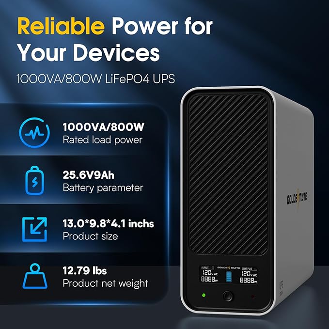 GOLDENMATE 1000VA/800W Lithium UPS Battery Backup and Surge Protector, Sinewave UPS System with LiFePO4 Battery(230.4 Wh), 2025 Upgraded Pro Ver. with Communication Port, 8 Outlets, LCD Display, White
