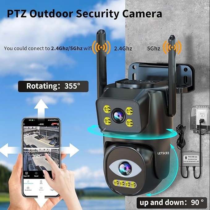 Dual Lens WiFi Security Camera Outdoor,5G/2.4G PTZ Outdoor Auto Tracking,HOM Security Surveillance System Camera,WiFi,Night Vision,7/24 Recording