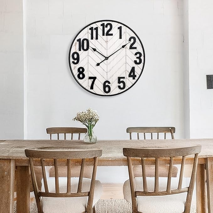 24 Inch Large Wall Clock, Rustic Wooden Farmhouse Wall Clock with Black Metal Frame, Battery Operated Non-Ticking Silent Wall Clocks for Living Room, Kitchen, Bedroom (Whitewashed)