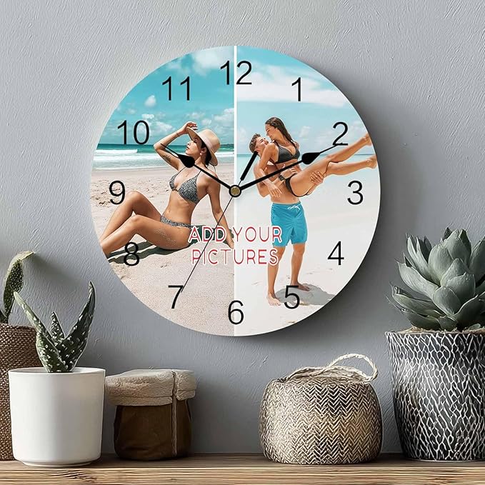Personalized Clocks with Picture/Text, Custom 2 Photo Silent Wall Clock Non Ticking for Bedroom, Living Room, Kitchen, Office, Customized Anniversary Valentine's Day Gifts (10", 12", 14")