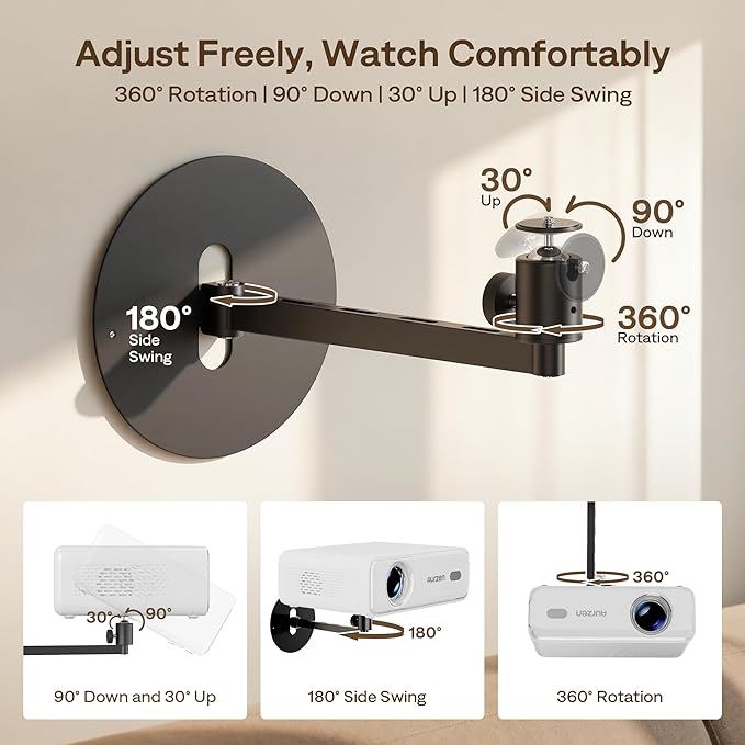 Aurzen Projector Wall Mount Shelf, Wall Use with Adjustable Angle, 360° Rotation and 90° Tilt, Foldable Heavy-Duty Metal Bracket, Supports 4.4 lbs, Compatible with TMY, HAPPRUN, Yaber, Epson