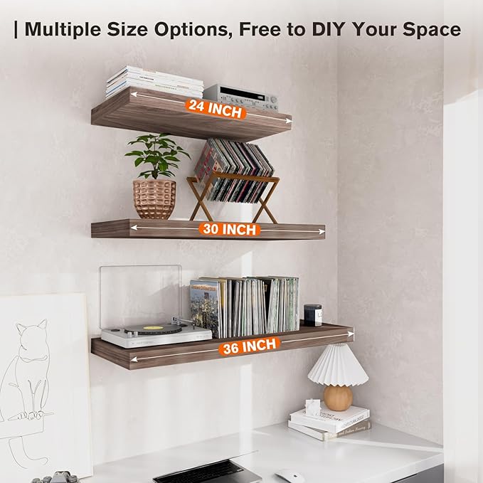 Floating Shelf, Set of 2 Wall Shelf, 30 in W x 12.75 in D x 2 in H Wooden Floating Wall Shelf with Invisible Brackets for Living Room/Bedroom/Bathroom/Kitchen Storage and Decor, Walnut