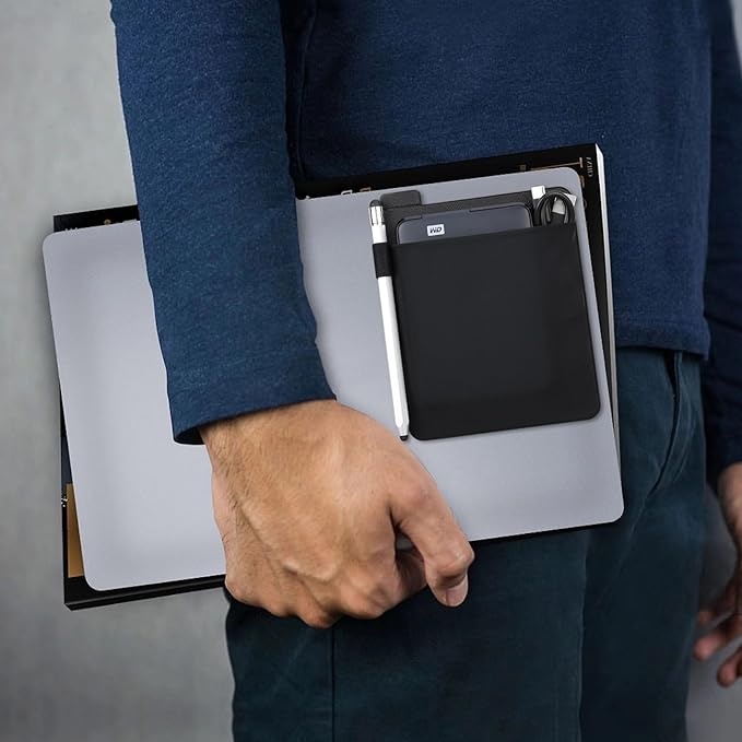 Lacdo Portable External Hard Drive Sleeve for Laptop, Stick on Pouch Holder with Reusable Adhesive, Fit 2.5" Seagate, WD, Toshiba, LaCie External HDD, SSD, Wireless Mouse, Cables, with Pen Loop, Black