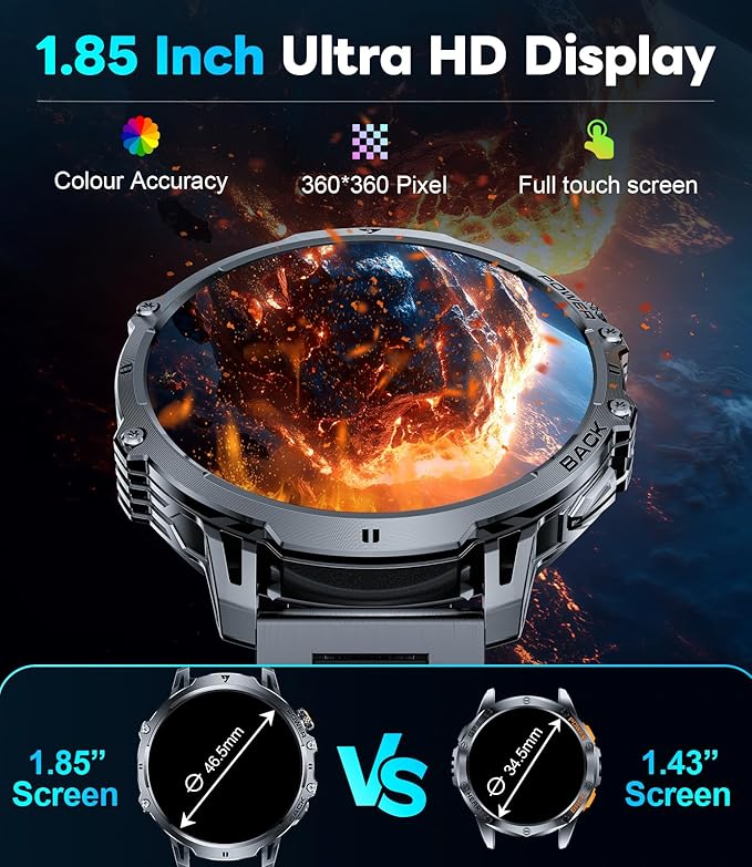 LIGE Military Smart Watches for Men with 1000 mAh Battery, 1.85" HD Touch Screen Smart Watch with Flashlight/50M Waterproof/,110+ Sports Fitness Tracker Watch,Pedometer Mens for Android iPhone