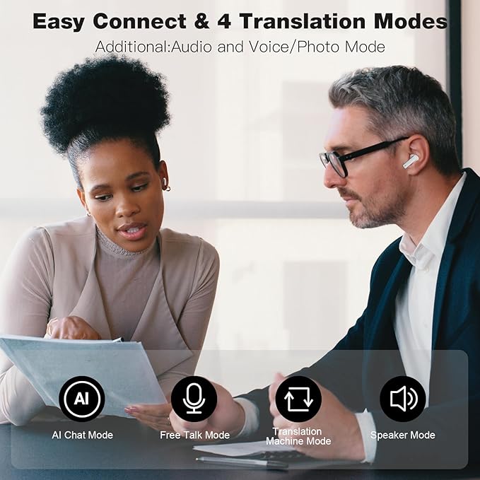 IAMJOY Language Translation Earbuds, 163 Language & Accents Two-Way Translator Device Built-in 6 Mics, 42dB Hybrid Dual Noise Cancelling Earbuds for Travel Business Learning, White