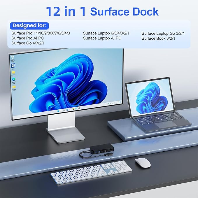Surface Docking Station, 12-in-1 Surface Dock Triple Displays Dual HDMI 4K@60HZ+VGA, Surfac-e Pro Docking Station with Power Supply for Surfac Pro 11/10/9/8/X/7/6/5/4/3, Book, Laptop, Go Dock