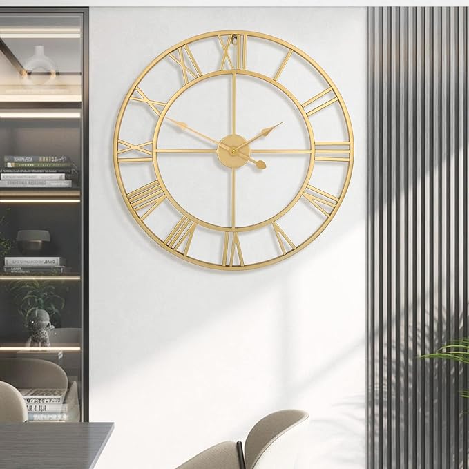 Large Wall Clock - 40cm/ 16 Inches Silent Non-Ticking, Battery Operated, Gold Vintage Decorative Modern Metal Wall Clocks for Living Room, Bedroom, Office, Farmhouse Decor