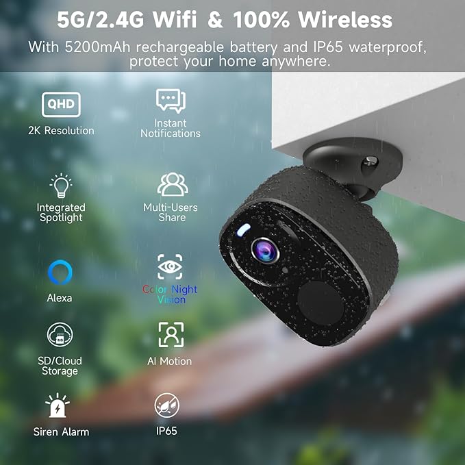 4PCs 2K Security Camera Wireless Outdoor, Surveillance Indoor Home Camera, Battery Powered WiFi Security Cameras with Color Night Vision, AI Motion Detection, 2-Way Audio, IP65, SD/Cloud, Works Alexa