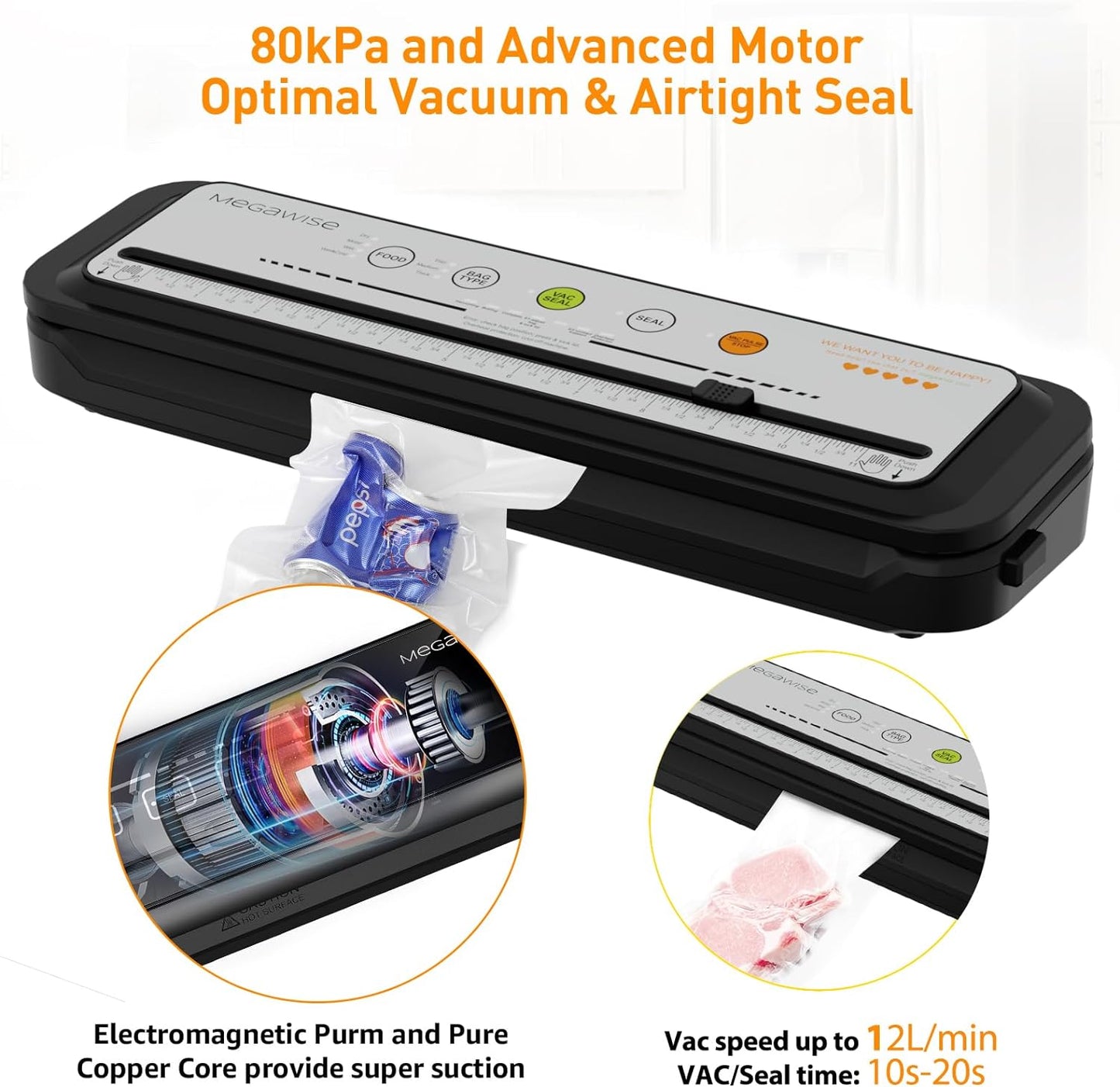 2023 Updated MEGAWISE Vacuum Sealer Machine Bundle with 110 Count 8''x12'' BPA Free Vacuum Bags