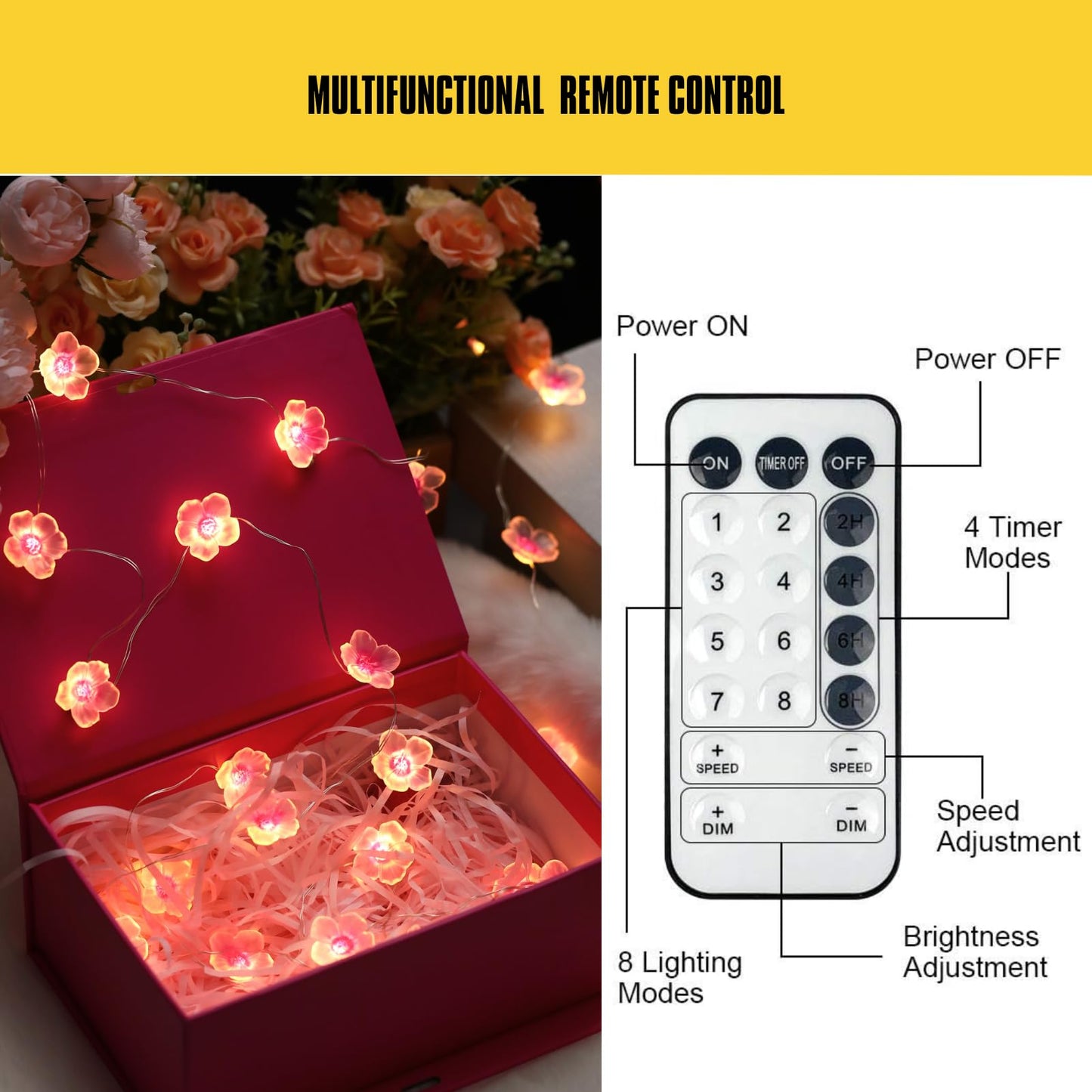 Nakolulu 13ft Flower String Lights, 40 LED, USB & Battery Operated, 8 Modes, Warm White, Model CBSL