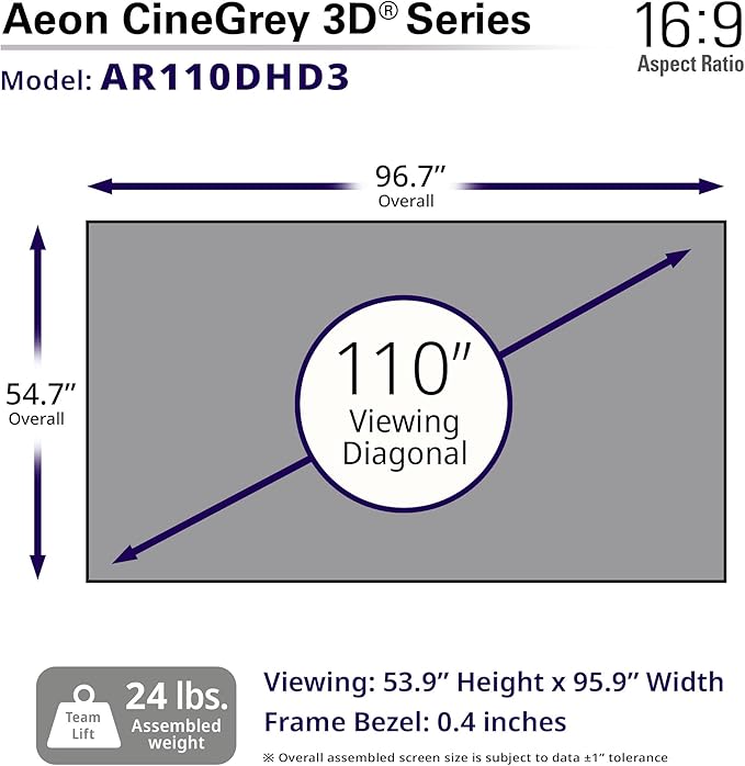 Elite Screens 110 inch CLR/ALR Projector Screen 16:9 4K, Standard Throw Projection, Edge Free Ambient Light Rejecting Fixed Frame Grey for Indoor Movie Screen Home Theater - Aeon CineGrey 3D AR110DHD3
