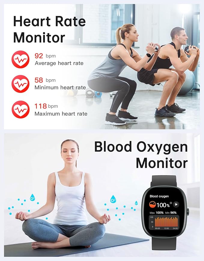 HUAKUA Smart Watches for Women Men (Answer/Make Calls), 1,85" HD Smart Watch for iPhone/Android Phones, Fitness Tracker with 100+ Sport Heart Rate/Sleep Monitor Pedometer Waterproof (Black)