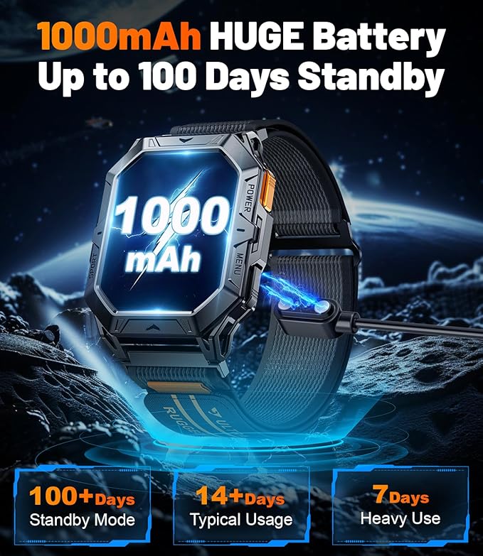 TX1 Military Smart Watch for Men, 1000mAh 80 Days Long Battery, 2.13'' AMOLED Display Smartwatch, 100+ Sport Mode Fitness Tracker Watch, IP68 Waterproof Rugged Smart Watches for Android iOS