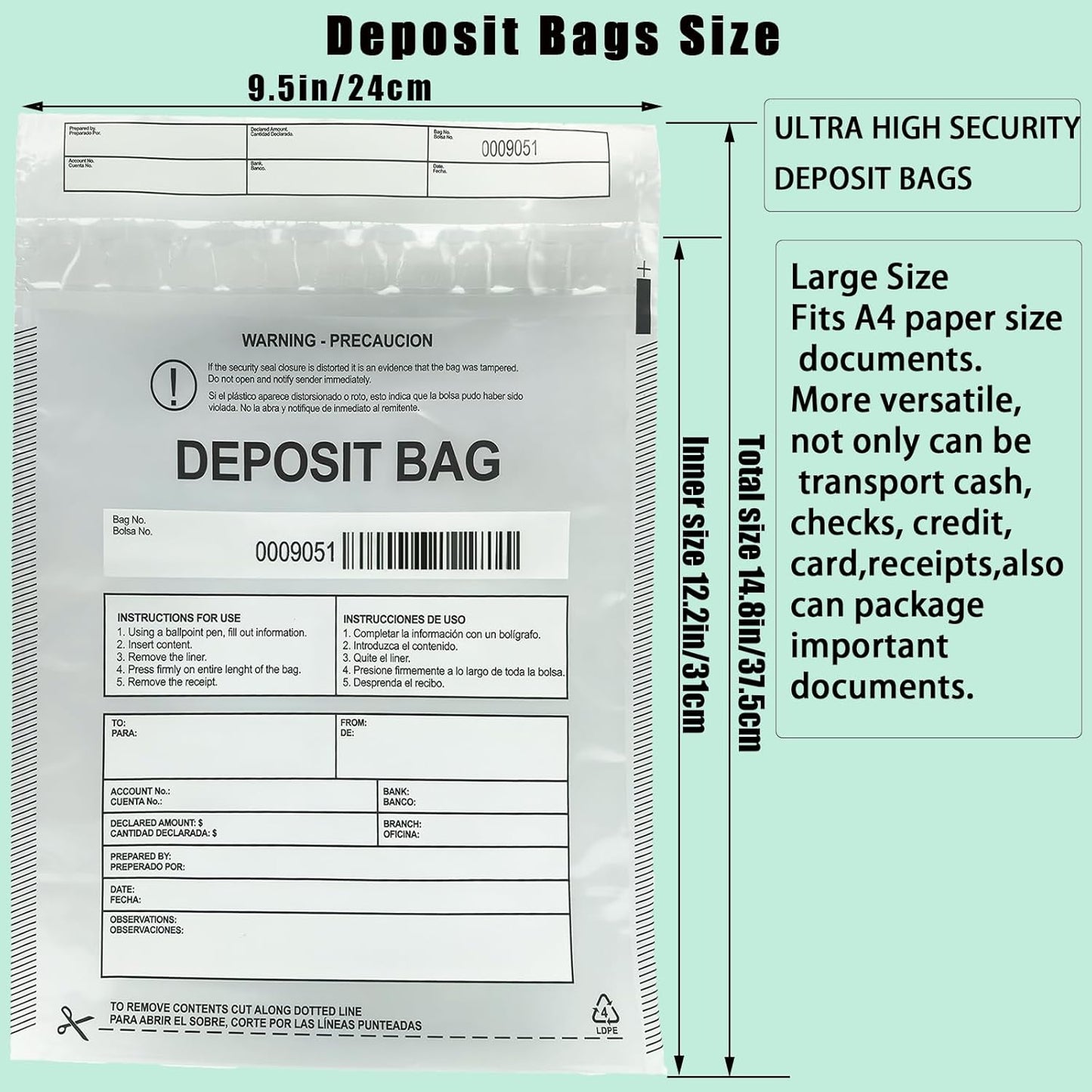 Plastic Deposit Bags 30-Pack 9.5''x 15'', Clear Security Bank Deposits,Cash register,Money bag for Cash,Bank Pocket,Tamper-Evident,Unique Barcode