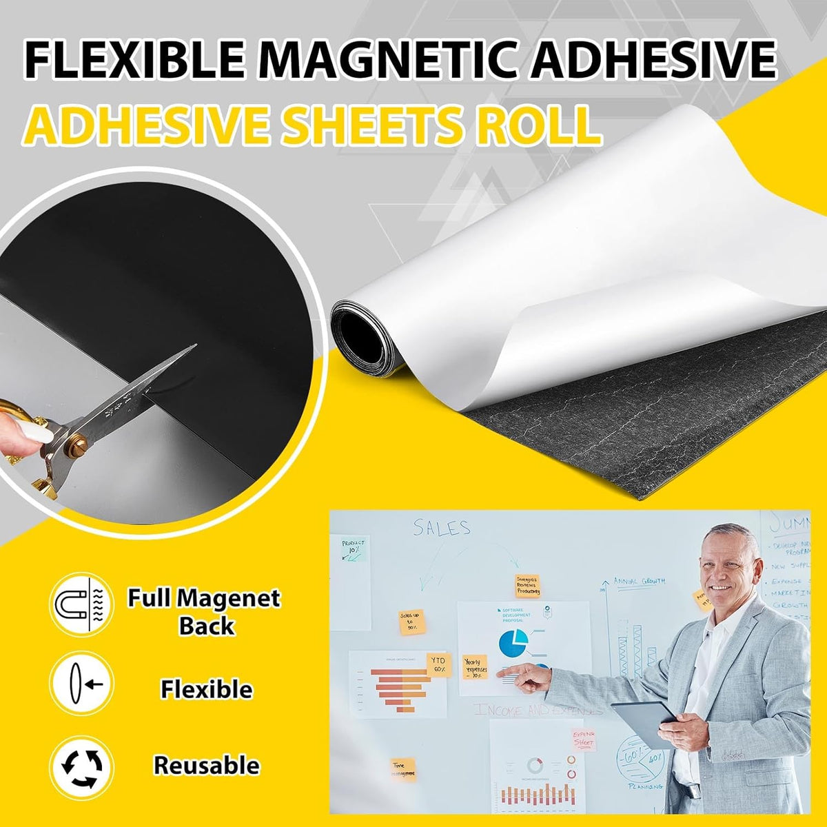 12 Inch x 5 ft x 30mil Extra Large Adhesive Magnetic Sheet Roll Not Printable Adhesive Backing Cut and Customize Flexible Sheets Blank White Surface Magnetic Sign for Craft Photo Craft