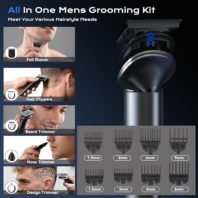 Hair Clippers for Men, Professional Cordless Hair Cutting and Trimmers Set with 7500RPM Powerful Motor & LCD Display, Mutil Function Mens Electric Hair Grooming Shaver Kit for Nose, Face, Body, Beard