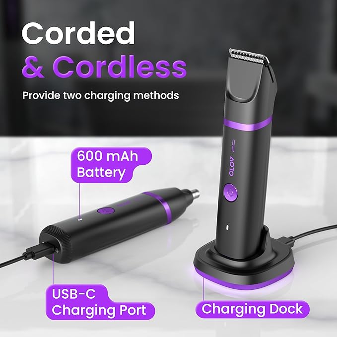 Groin & Body Hair Trimmer for Men - Electric Shaver for Pubic Hair, Chest, Legs - Ball Pubic Groomer, LED Light, Replaceable Ceramic Blade Heads, USB-C Recharge Dock, Waterproof Hygiene Razor, Purple