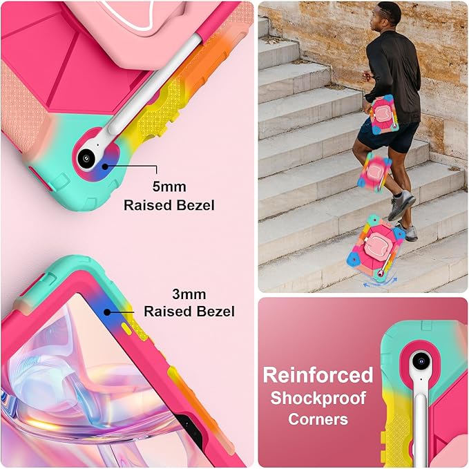 Case for Samsung Galaxy Tab S10 Lite/S10 FE/S9 FE 10.9 Inch, Samsung Tab S9 11 Inch, Rugged Galaxy S10 Tablet Cover with Pen Holder 360 Rotating Stand Shoulder Strap Screen Protector, Rainbow