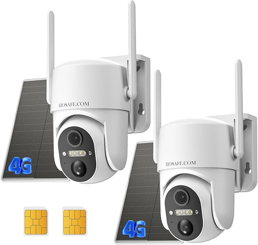 HOSAFE.COM 4G LTE Cellular Security Camera Outdoor, No WiFi Security Camera Outside, Wireless Security Cameras Outdoor Solar Powered, 360 Ptz, Human Sensor, 2K HD, 2-Way Talk, IP66, 2 Pack