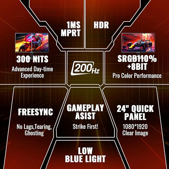 SANSUI 24 Inch Gaming Monitor 200Hz 180Hz 1Ms FreeSync HDR 110% sRGB FHD 1080P Computer Monitor HDMI DP Ports Eye Care Frameless VESA Mount Cable Management (ES-G24F4L HDMI Cable Included)
