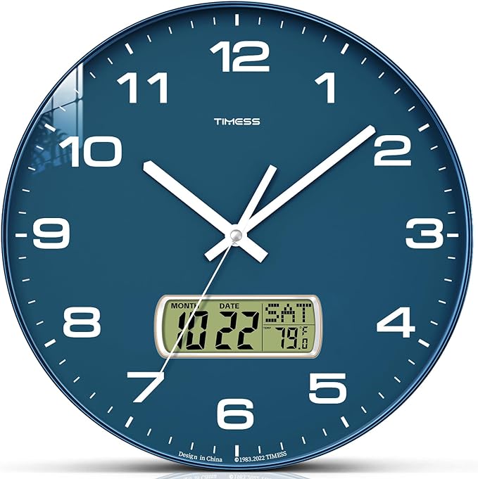 Wall Clock, 10" Dial Non-Ticking Silent Battery Operated Analog with LCD Display for Perpetual Calendar and F° Temperature, Ideal Modern Home, Bedroom, Kitchen, Office Decor (Blue)