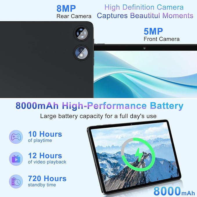 Tablet 10 inch Android 15 Tablets 30GB RAM 128GB ROM 1TB Expand, 8000mAh Octa-Core Tablets with Keyboard Mouse, HD IPS Display, Gemini AI, GPS, 5G WiFi, Widevine L1, Split-Screen - Metal Black