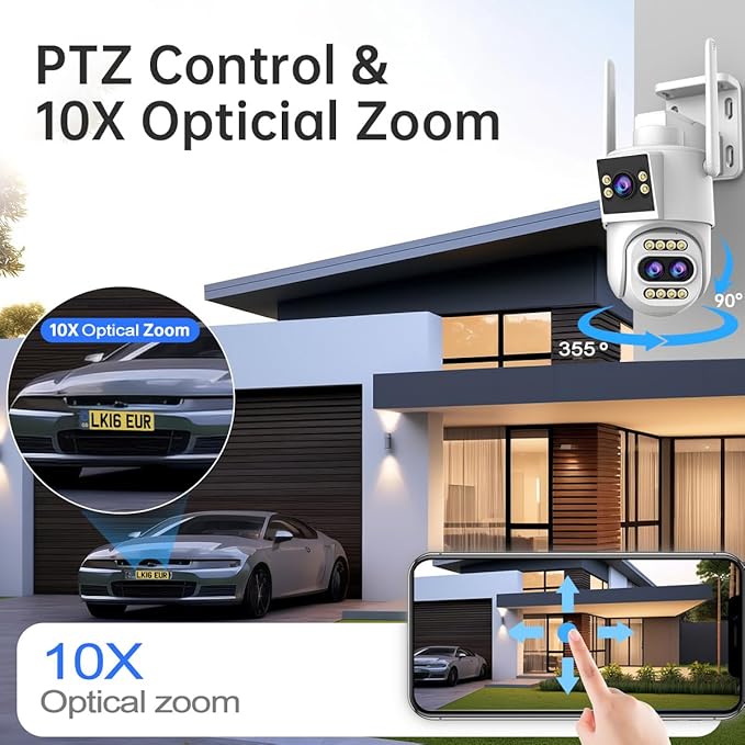 JOOAN Outdoor Security Camera 2Kx3 3Lens 2 Screen【10X Optical Zoom & Auto Tracking】 Home Surveillance IP Cam 360°PTZ 2.4G WiFi Wired IP66 Waterproof Motion Alert,8-256G Card/Cloud Storage,Siren Alarm