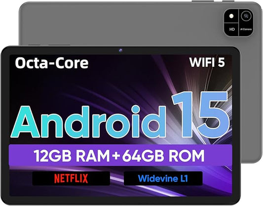Tablet, 10 inch Android 15 Tablet with Octa-Core Processor, 12GB RAM 64GB ROM 2TB Expand, 1280x800 HD Touchscreen, GPS, WiFi 5, Dual Camera, BT5.0, 6000mAh, Widevine L1 (Black)