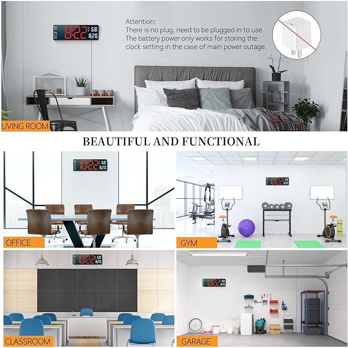 Digital Clock, Digital Wall Clock for Living Room Decor, Desk Alarm Clock for Bedroom, Large Wall Clock with Remote Control, Automatic Brightness Dimmer LED Clock with Date Temperature Week (Red-B)