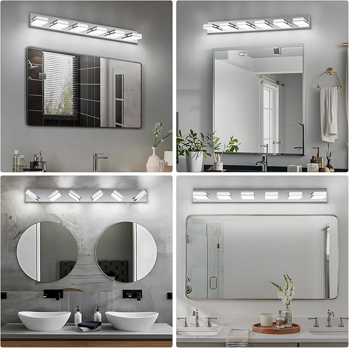 Modern LED Bathroom Lights Fixtures(6-Light),Stainless Steel Chrome Acrylic Wall Lighting,Vanity Lights for Bathroom Over Mirror(6000k 41in)