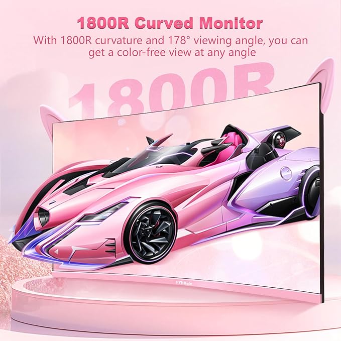27 inch Gaming Monitor, Pink 1800R Curved Monitor, FHD-1920X1080P, 165Hz, 1ms, Fast IPS, FreeSync Hdmi Monitor with Ultrathin, HDMI/DP/USB Vesa/Wall Mount Computer Monitor-Pink