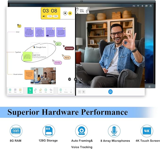 86'' Smart Board, 4K Touch Screen Interactive Whiteboard Display, AI Camera with 8 Mics, Android 13.0 8+128G, All in One Smartboard for Classroom Office Home (Board+Wall Mount)