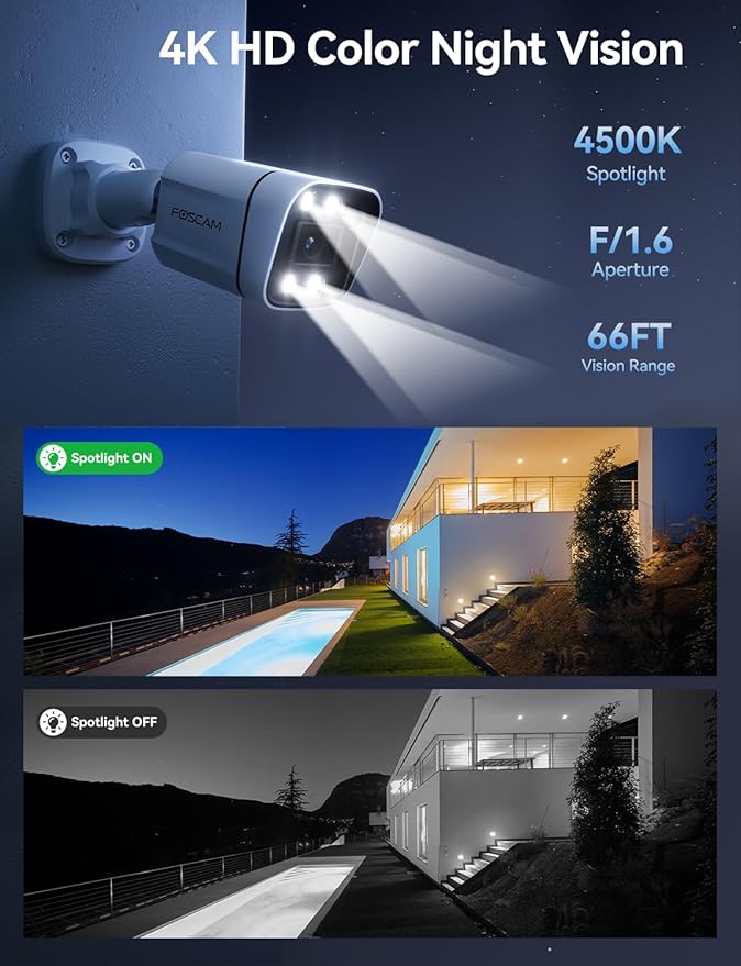 FOSCAM 4K 8MP IP PoE Security Cameras Wireless Outdoor, V8EP Surveillance Camera for Home Security, 120° FoV, 20x Zoom, AI Detect Human/Vehicle, 66FT Color Night Vision,Siren Alert,2-Way Audio,IP66