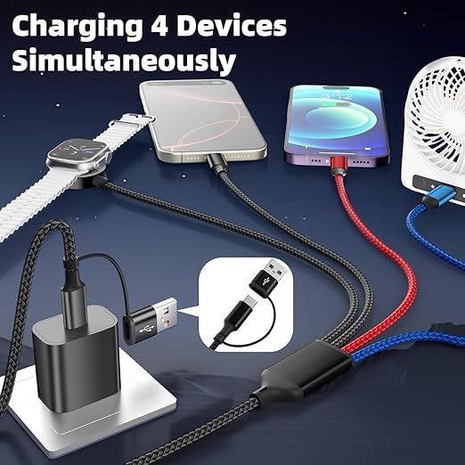 Cruise Essentials 4 in 2 Charging Cable for Apple iWatch Charger/iPhone 17/Lightning/Micro, Travel Multi Charging Cable Cord Compatible for iWatch Ultra/SE/10-1, iPhone16-6, Android, Car Accessories