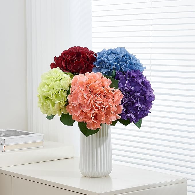 8Pcs Burgundy Fake Flowers Silk Hydrangea Artificial Flowers Bouquets Faux Hydrangea Stems for Home Table Centerpieces Wedding Party Decoration