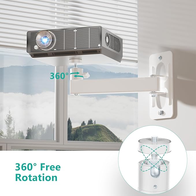 WALI Mini Porjector Wall Mount, Wall Projector Mount for 1/4" M4 M6 Screws, Fully Adjustable Projector Hanging Bracket Ceiling Mount Holder Holds up 4.4lbs, White (1330LM-PMWS)