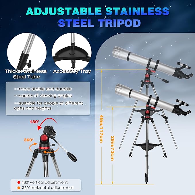 Telescope for Adults High Powered, 90mm Aperture 900mm Professional Astronomical Refractor Telescope for Beginners, Fully Multi-Coated High Light Transmittance for Ground&Moon Observation（Silver Gray）