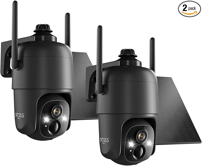 Dzees Solar Security Cameras Wireless Outdoor, 2K Battery Powered Security Camera, 360° PTZ Camera with Spotlight, Siren, Color Night Vision, AI Dectection, IP66 for Home Security, 2.4GHz 2-Pack