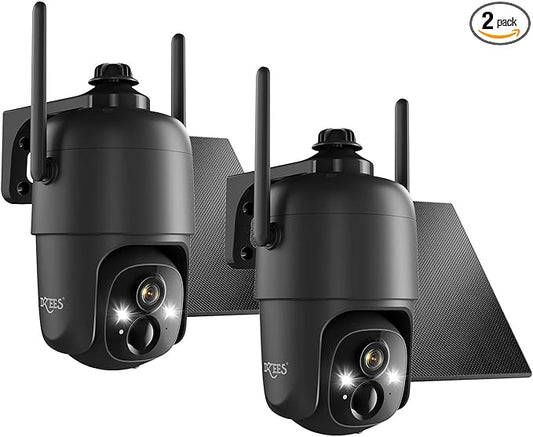 Dzees Solar Security Cameras Wireless Outdoor, 2K Battery Powered Security Camera, 360° PTZ Camera with Spotlight, Siren, Color Night Vision, AI Dectection, IP66 for Home Security, 2.4GHz 2-Pack