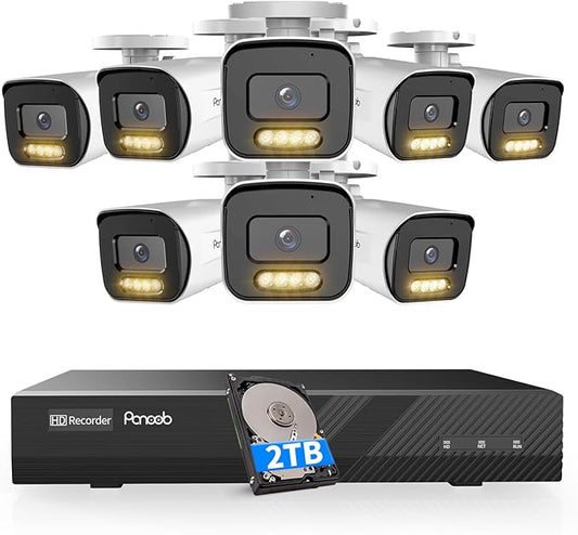 8 Channel Security Camera System, 8PCS 5MP IP Bullet PoE Camera with 2 Way Audio, Smart Dual Lights Color Night Vision, AI Human Detection, Remote Access, 4K 8CH NVR 2TB HDD, PB65A0808-5MD