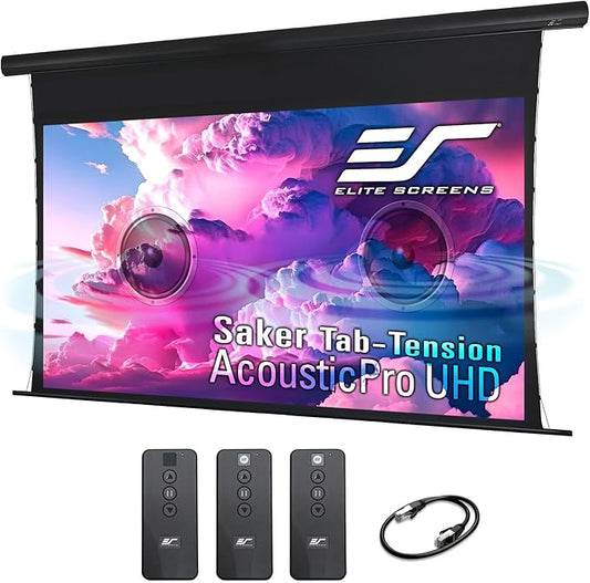Elite Screens Saker Tab-Tension AcousticPro UHD Series, 120" Diagonal 16:9, 4K/8K Ultra HD Electric Sound Transparent Perforated Weave Drop Down Front Projector Screen, SKT120UH2-E20-AUHD