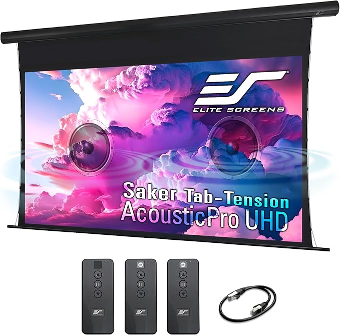 Elite Screens Saker Tab-Tension AcousticPro UHD Series, 110-INCH Diagonal 16:9, 4K/8K Ultra HD Electric Sound Transparent Perforated Weave Drop Down Front Projector Screen, SKT110UH2-E24-AUHD