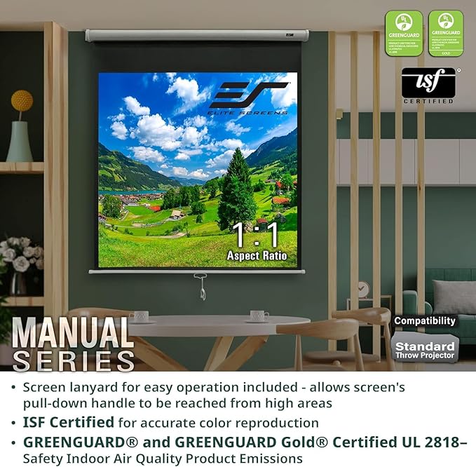 Elite Screens Manual Series, 80-INCH, 4:3 Aspect Ratio. Manual Pull Down Projector Screen with AUTO LOCK for Home Movie Theater, 8K / 4K Ultra HD 3D Ready, M80NWV, White