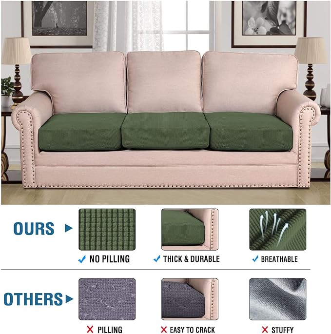 H.VERSAILTEX Super Stretch Individual Seat Cushion Covers Sofa Covers Couch Slipcover Sets Thick Jacquard Textured Twill Fabric (3 Piece Sofa Cushion Covers, Bronze Green)