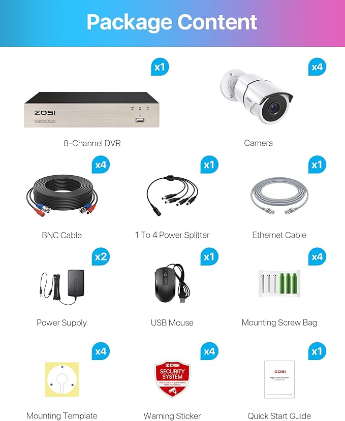 ZOSI 8CH 3K Lite Home Security Camera System with One-Way Audio,H.265+ 8-Channel CCTV DVR,AI Human/Vehicle Detection,4pcs 1080p Bullet Metal Cameras Indoor Outdoor,100FT Night Vision,No Hard Drive
