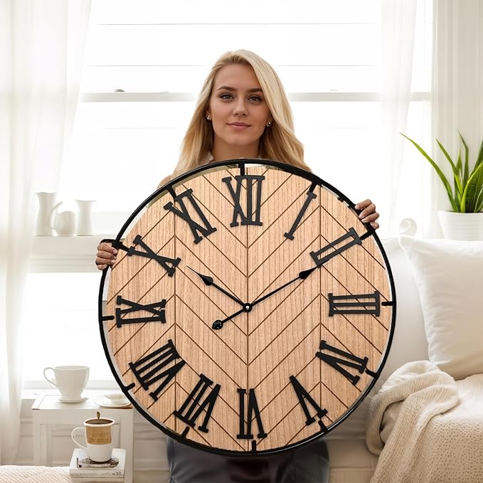 30 Inch Large Wooden Wall Clock – Extra Large FarmhouseWall Clock with 3D Roman Numerals & Herringbone Splicing, Brown Modern Wood Wall Clock for Living Room