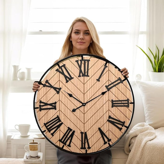 30 Inch Large Wooden Wall Clock – Extra Large FarmhouseWall Clock with 3D Roman Numerals & Herringbone Splicing, Brown Modern Wood Wall Clock for Living Room