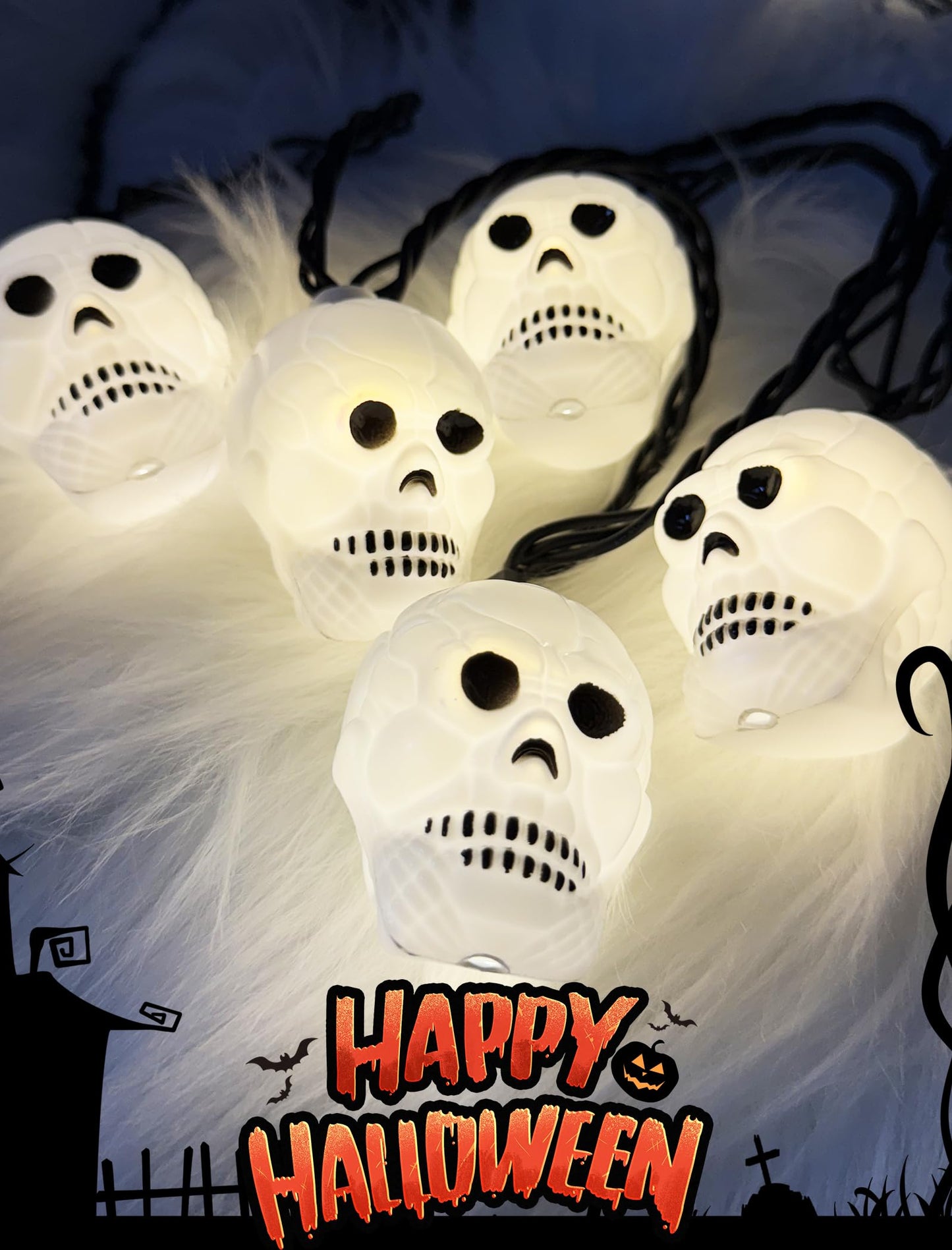 Kivonfa Halloween Ghost String Lights, 8.5Ft with 10 LED White Skeletons, Black Wire, Model LR-LED-L-10E/1F-D45