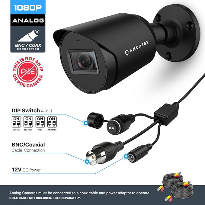 Amcrest Full HD 1080P Bullet Outdoor Security Camera (Quadbrid 4-in1 HD-CVI/TVI/AHD/Analog), 2-Megapixel, 98ft Night Vision, Metal Housing, 3.6mm Lens 90° Viewing Angle, Black (AMC1080BC36-B)